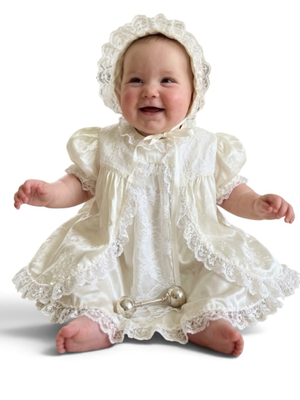 Vintage 80s 90s Complete three-piece christening set. Dress cape and hat